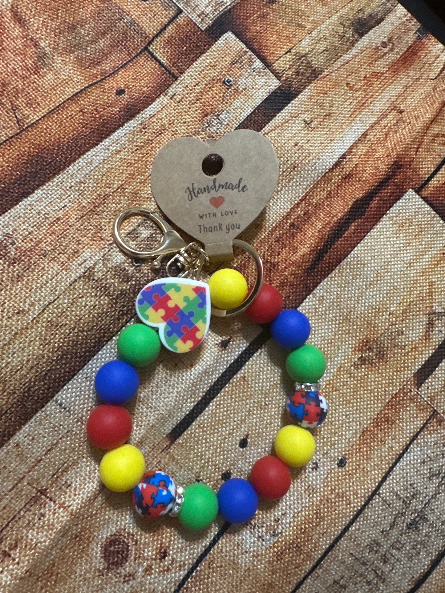 Autism Awareness Heart Beaded Wristlet Keychain