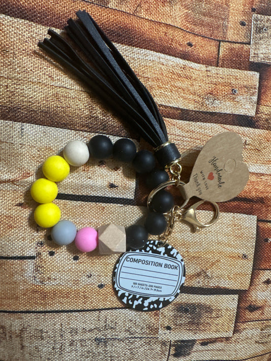 Back-to-School Composition Book Beaded Wristlet Keychain