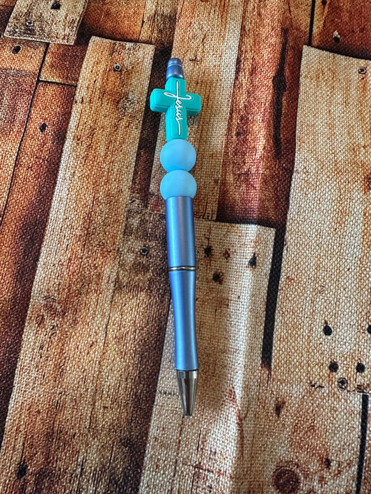 Blue “Jesus” Beaded Pen
